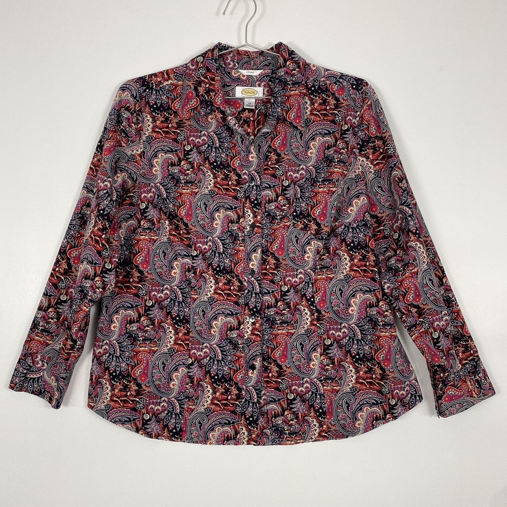 Talbots Shirt Womens 1X Paisley Santa Christmas Long Sleeve Button Front Top